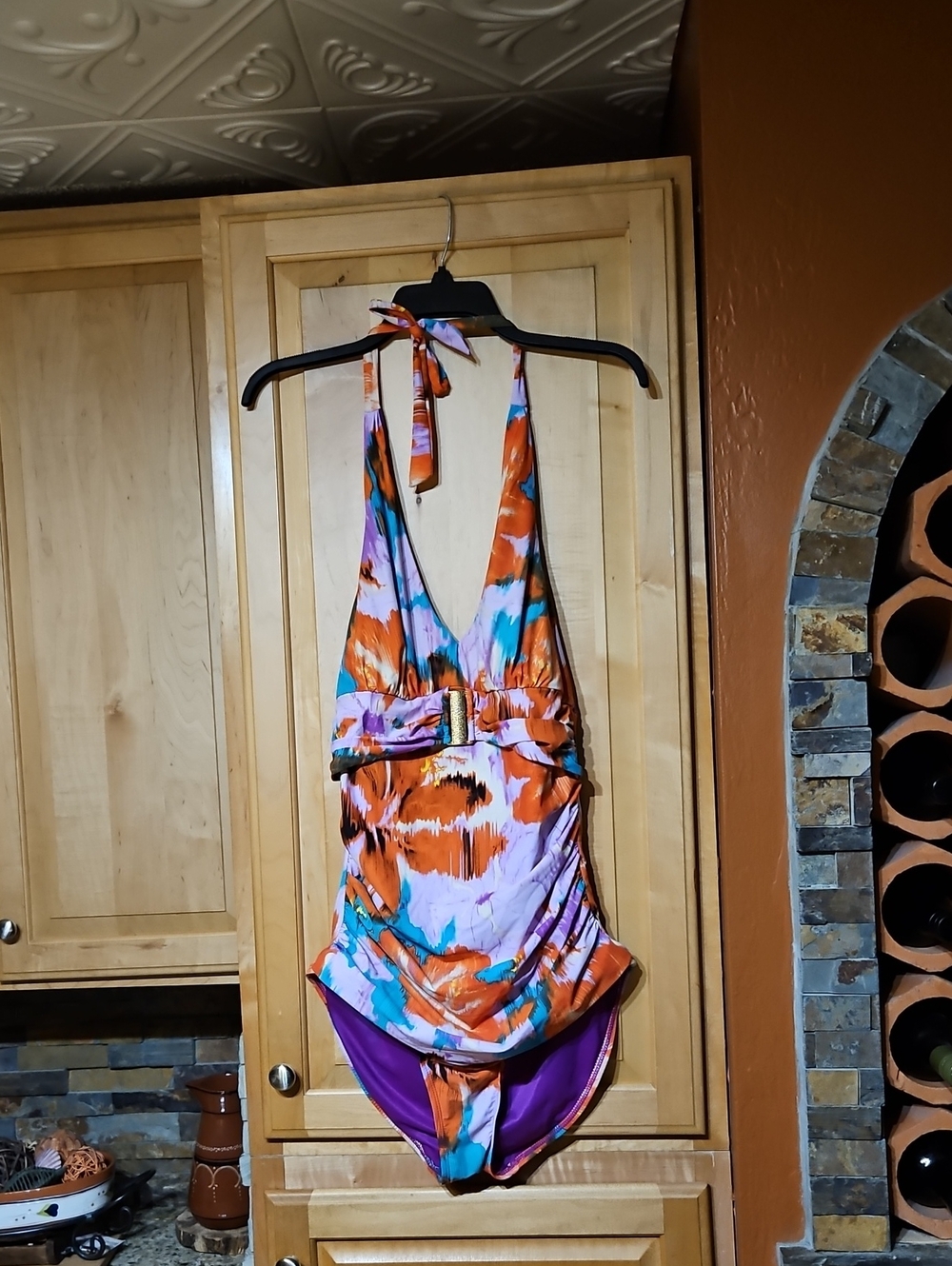 Spanx Blue Purple Orange Tropical Floral Halter One Piece Swimsuit Wirefree